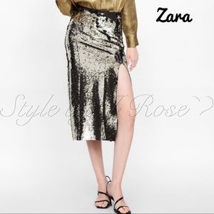 NWT’s Zara Black and Gold Sequin Midi Skirt